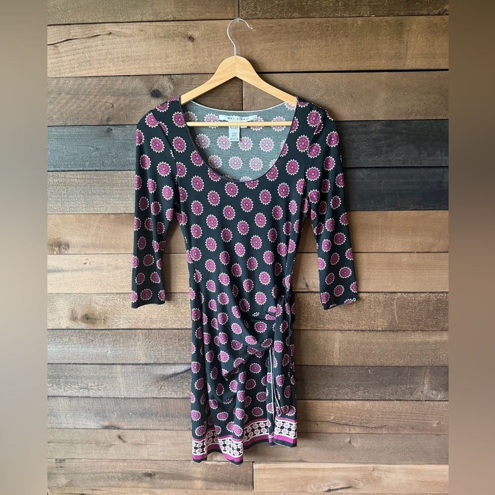 Vintage Y2K Floral Wrap Dress Bodycon Stretch Midi Pink Black